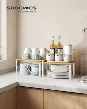 SONGMICS kitchen counter shelves stackable in cloud white and natural beige for flexible setup.