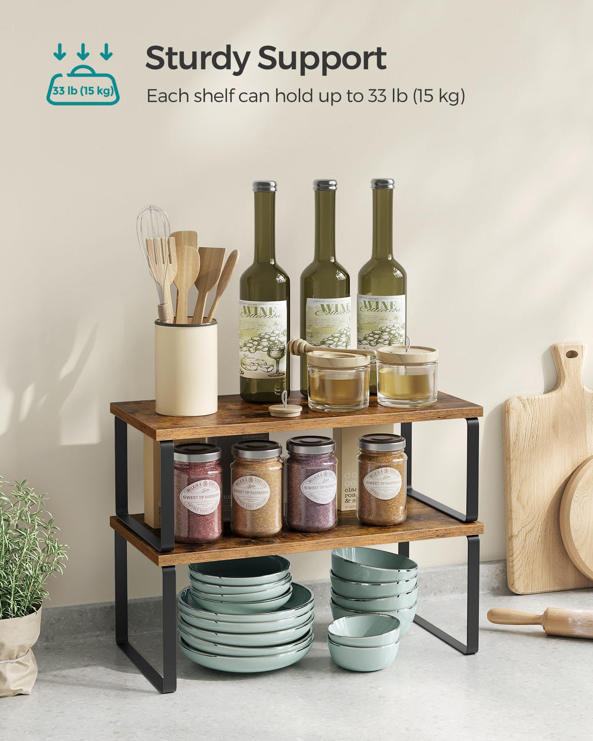 Songmics kitchen counter shelves, adjustable configuration for flexible layouts.