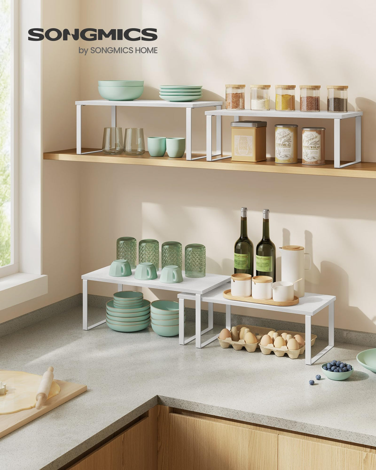 SONGMICS spice rack stackable keeps jars visible and neatly organized on the counter.