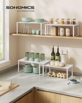 SONGMICS spice rack stackable keeps jars visible and neatly organized on the counter.