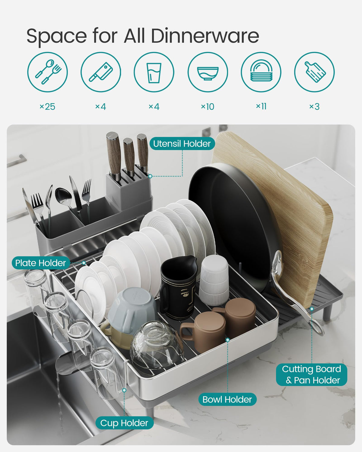 SONGMICS pan and cutting board holders maximize counter space.
