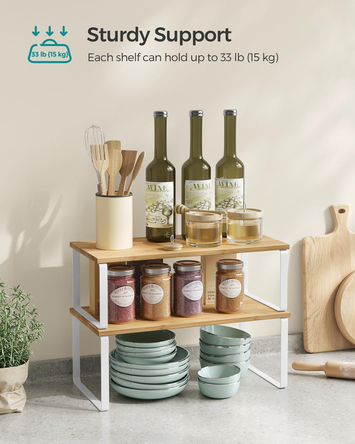 Songmics large and small shelves accommodate varied items in a tidy layout.