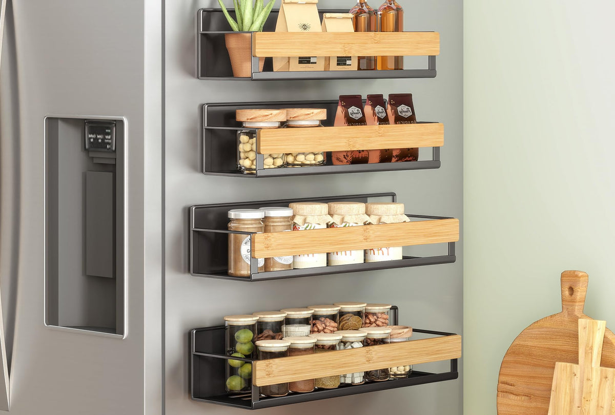 SONGMICS magnetic bamboo spice rack on fridge door, large shelf for easy spice access.