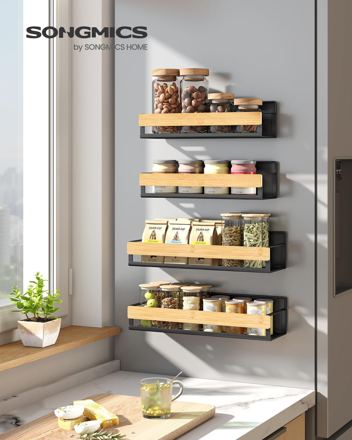 SONGMICS large fridge shelf mounted on fridge, holding jars securely.