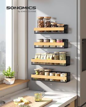 SONGMICS large fridge shelf mounted on fridge, holding jars securely.