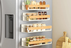 Songmics magnetic bamboo spice rack on refrigerator front for easy access