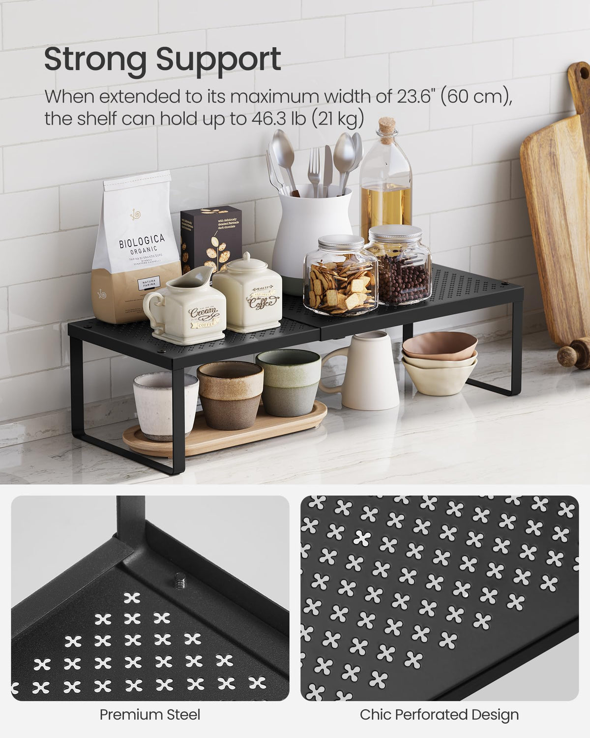 Songmics sturdy steel shelf with perforated design provides strong support for bottles.
