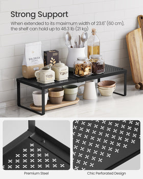 Songmics sturdy steel shelf with perforated design provides strong support for bottles.