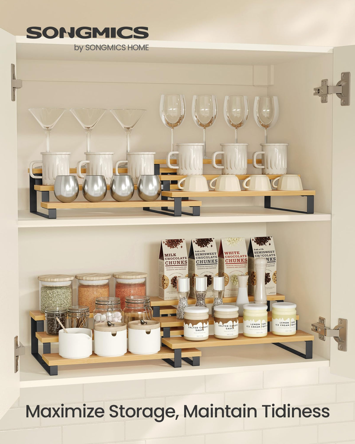 SONGMICS display risers 3-tier spice rack keeps jars neatly organized.