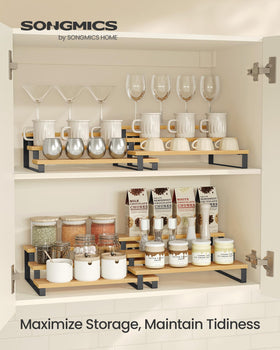 SONGMICS display risers 3-tier spice rack keeps jars neatly organized.