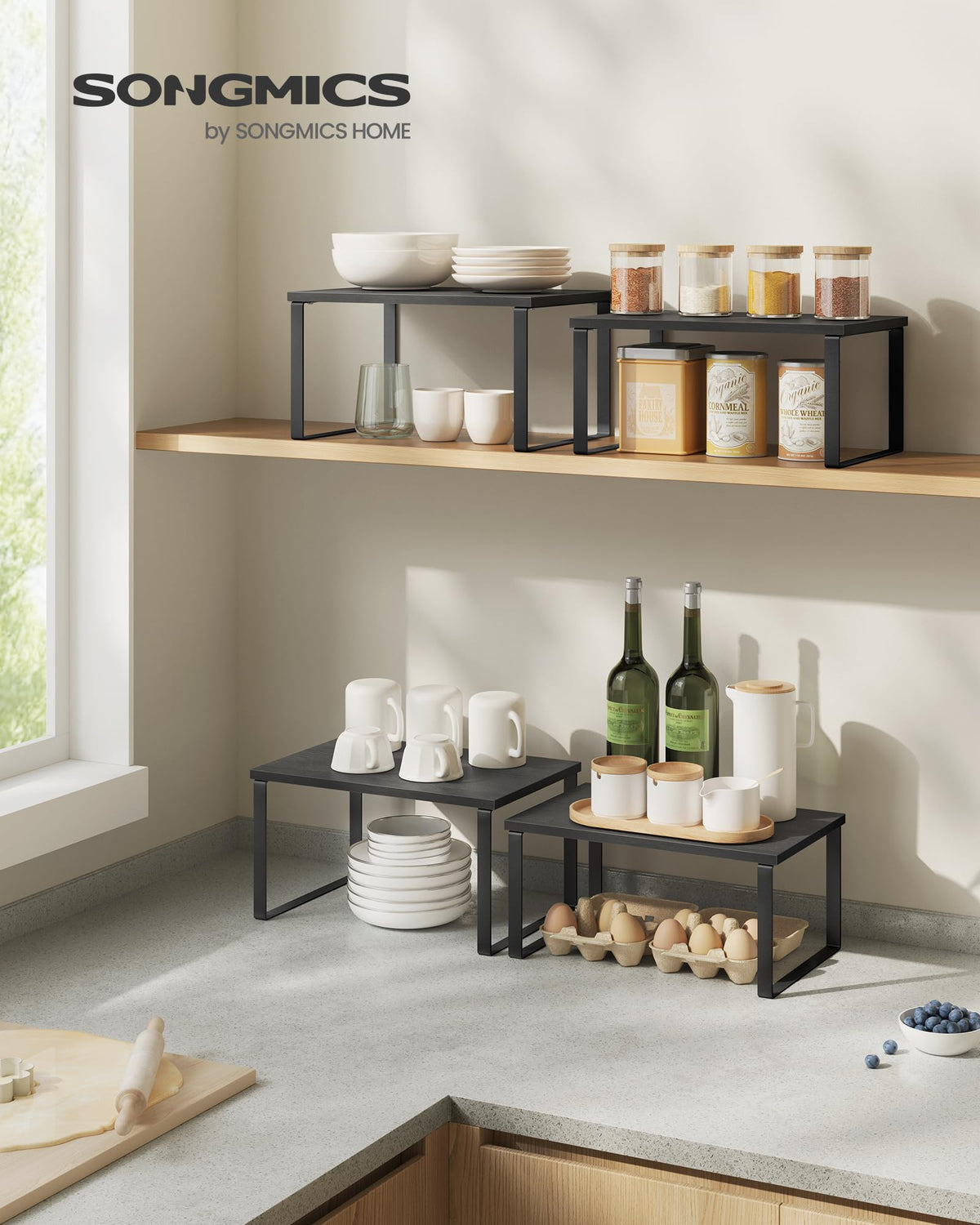 Songmics spice rack stackable shelves keep jars visible.