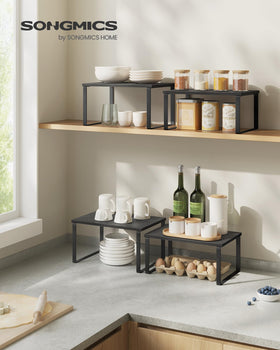 Songmics spice rack stackable shelves keep jars visible.