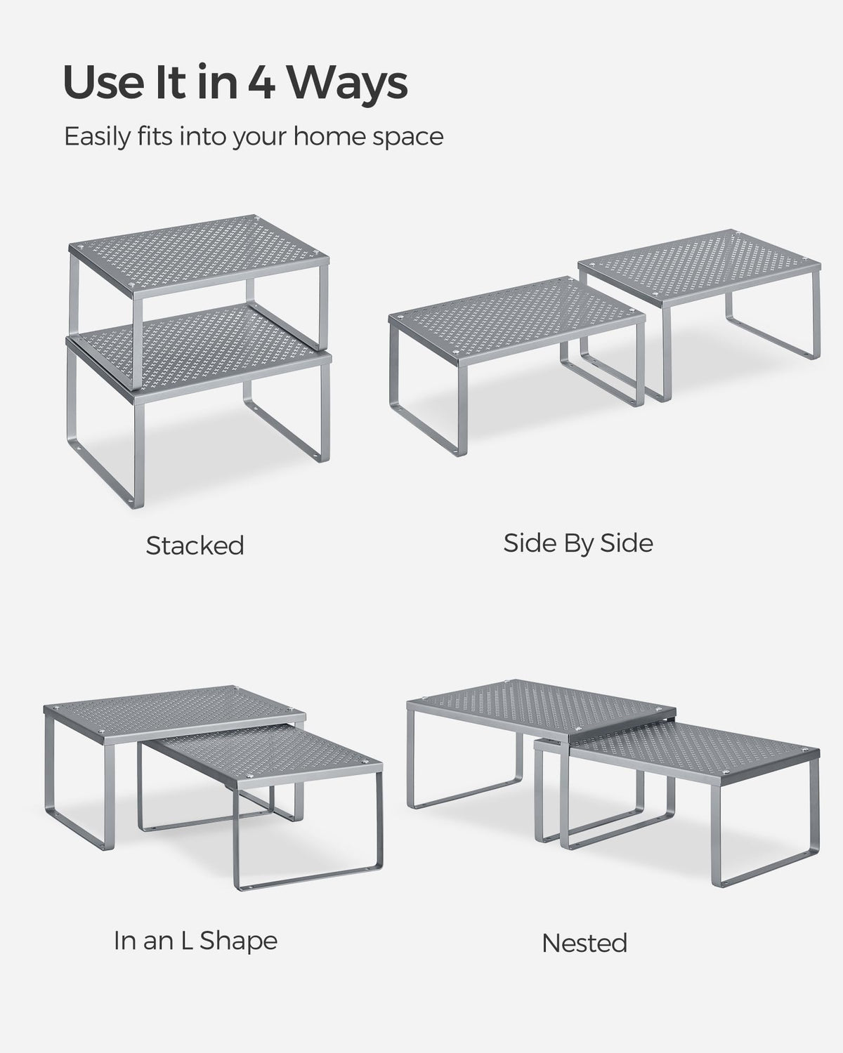 SONGMICS silver finish shelves complement modern kitchen aesthetics.