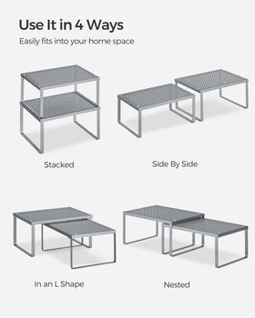 SONGMICS silver finish shelves complement modern kitchen aesthetics.