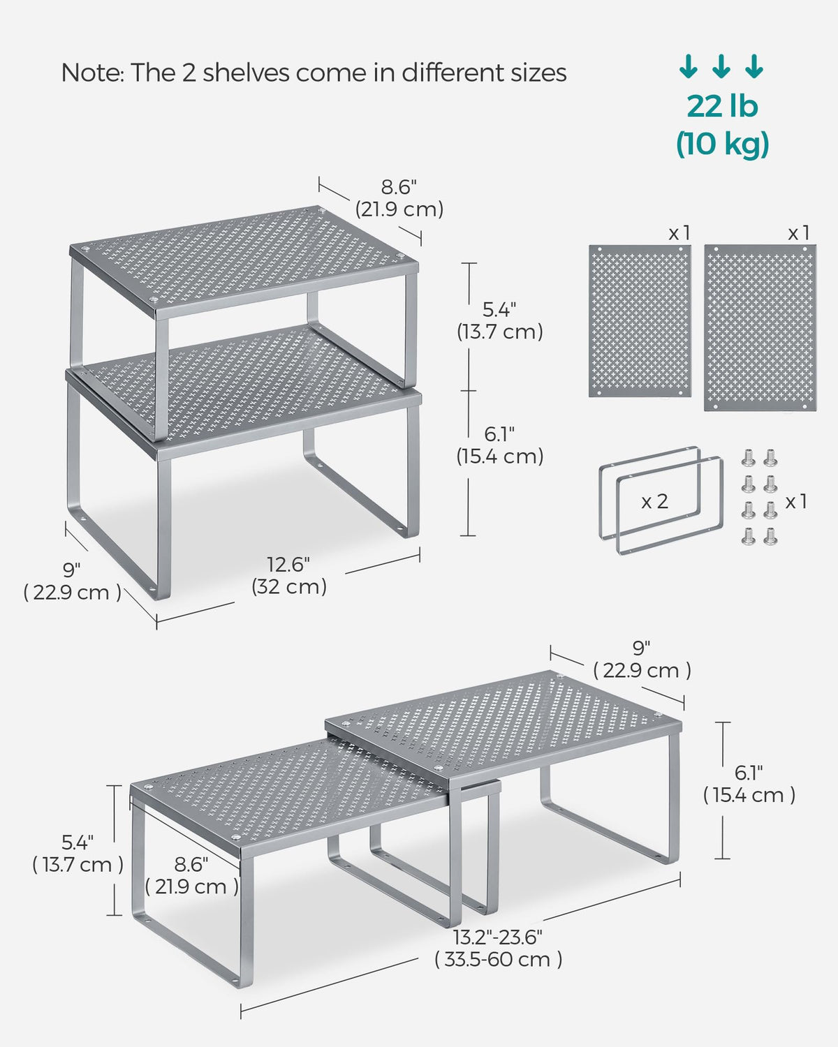 SONGMICS stackable shelves shown for vertical kitchen storage.