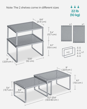 SONGMICS stackable shelves shown for vertical kitchen storage.