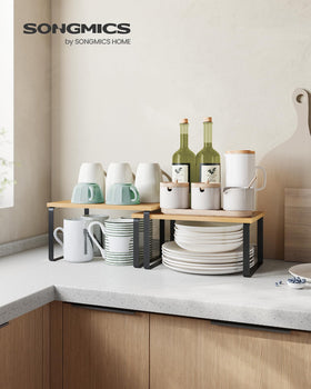 Songmics stackable design shows a space-saving two-shelf setup for countertops.