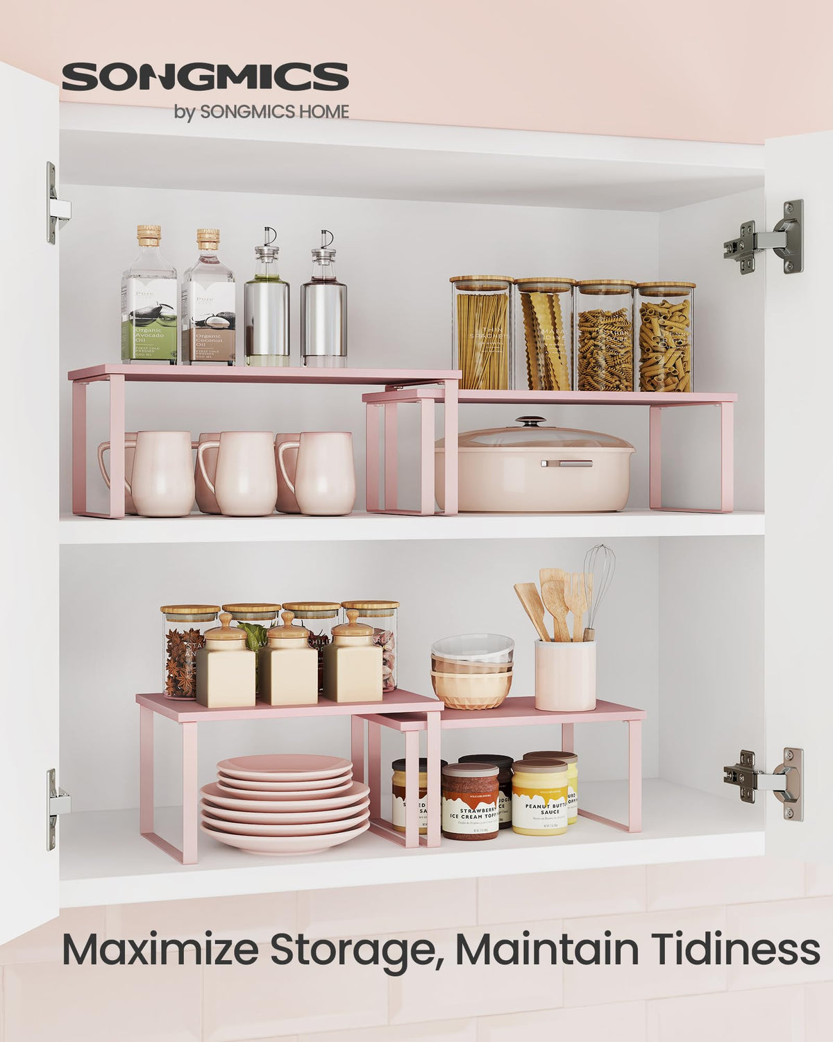 SONGMICS stacked shelves demonstrate adjustable design for compact kitchen layouts.