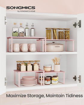 SONGMICS stacked shelves demonstrate adjustable design for compact kitchen layouts.