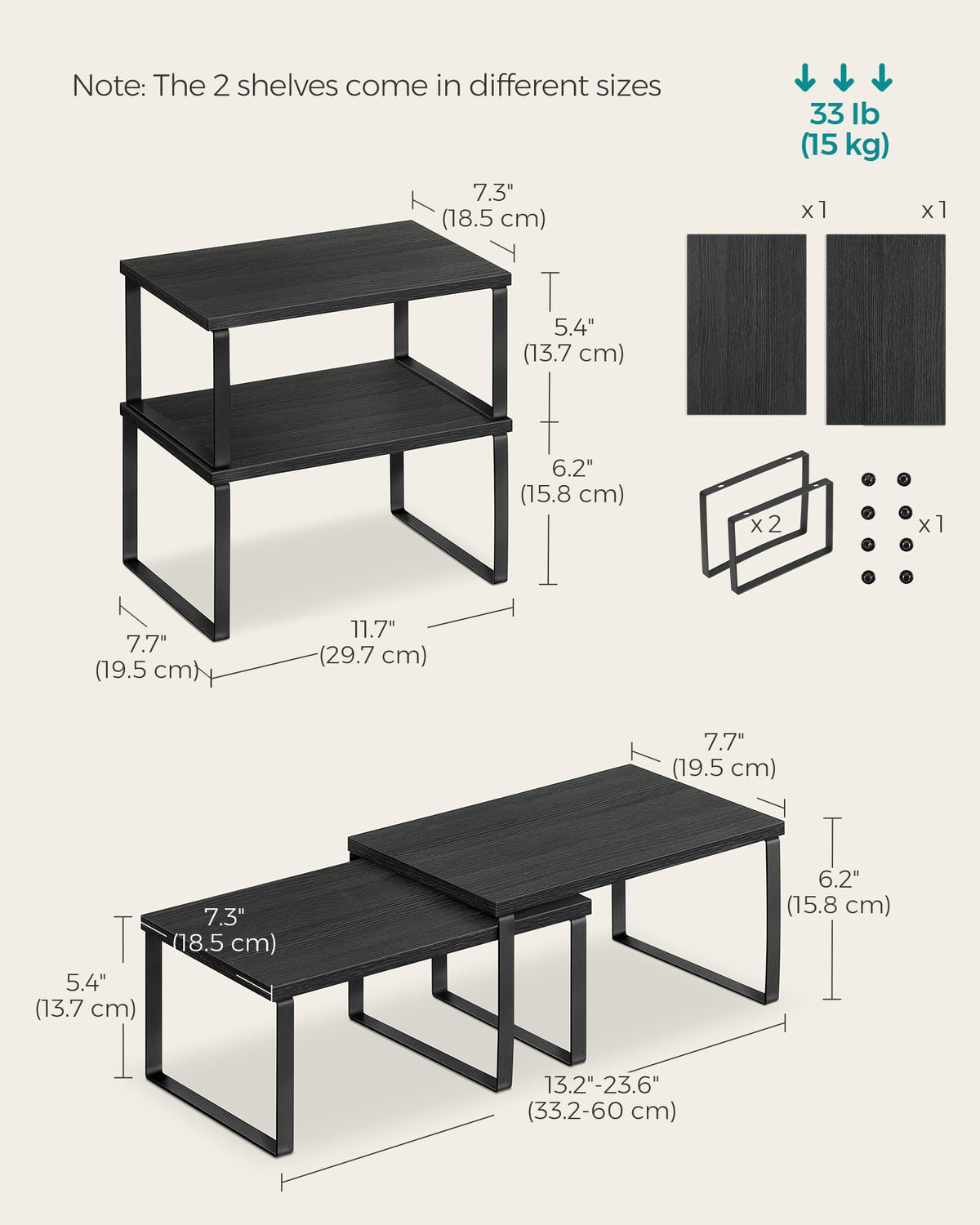 SONGMICS stackable kitchen storage demonstrates space maximization with four-shelf design.