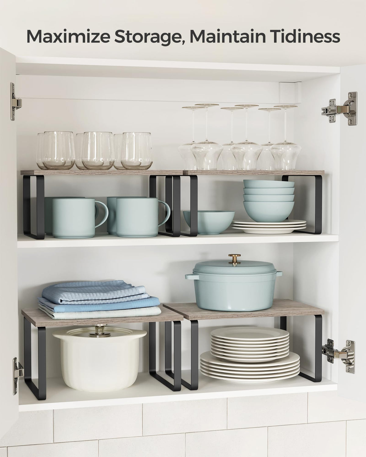 Songmics stackable shelves in ink black maximize counter space and organization.