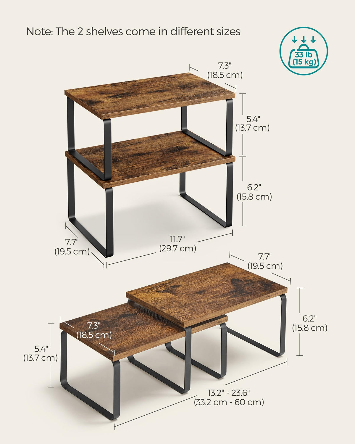SONGMICS stackable shelves enable modular kitchen storage for pantries and cabinets.