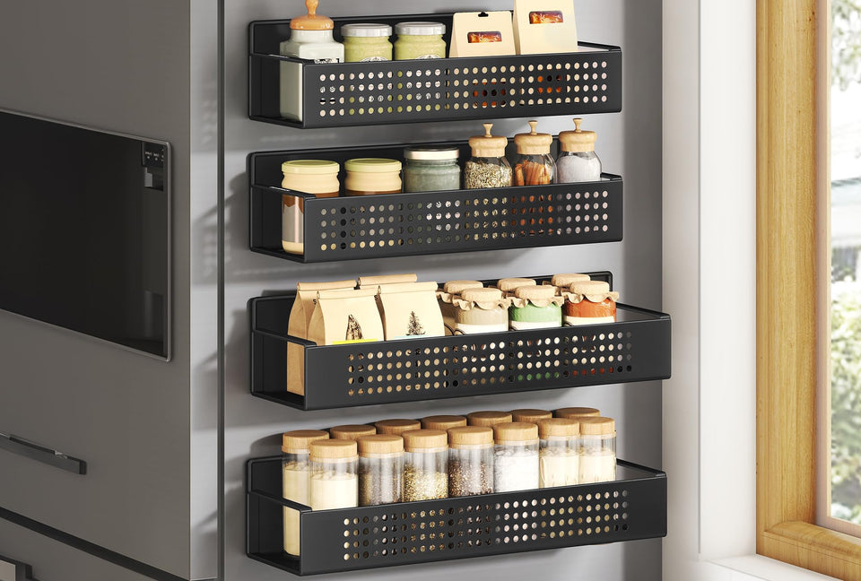 SONGMICS magnetic spice rack on fridge – large shelf keeps spices neatly organized.