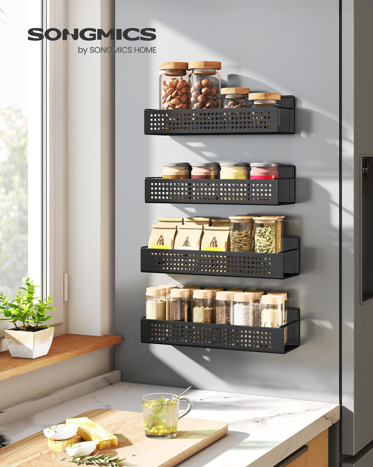 SONGMICS compact shelf on fridge for easy spice access and saves space.