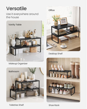 Songmics 46.3 lb capacity extendable shelf accommodates varied kitchen utensils.