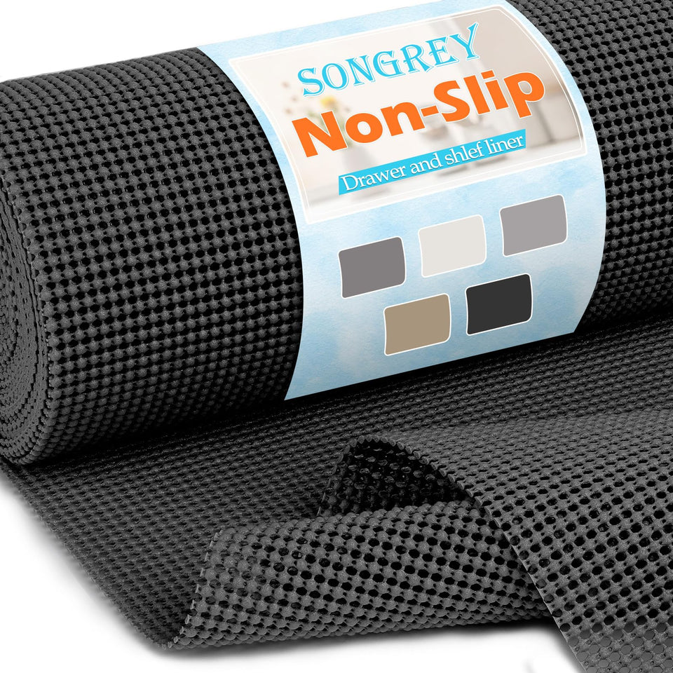 Songrey non-adhesive liner laid flat in black for kitchen protection.