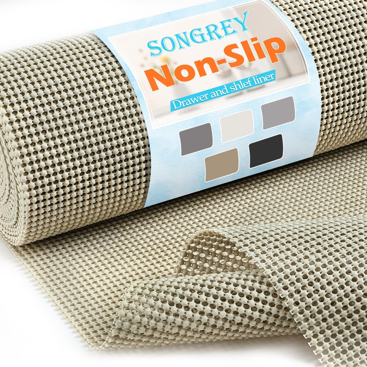 Songrey non-adhesive drawer liner laid flat, preventing slips and scratches in kitchen drawers.
