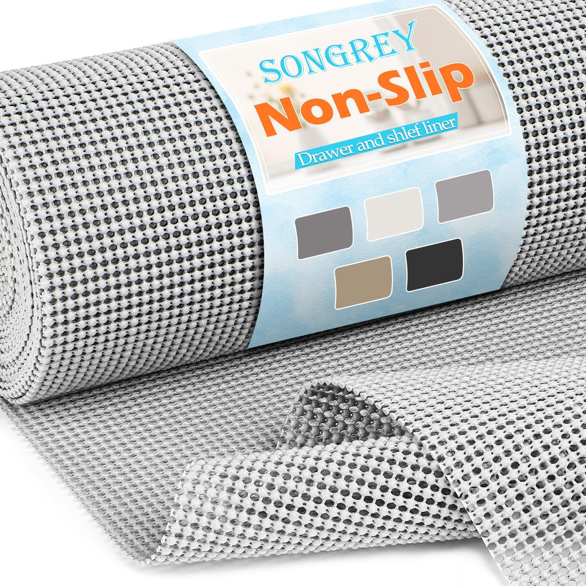 Songrey non-adhesive drawer liner rolled in box shows quick transform for organized cabinets.