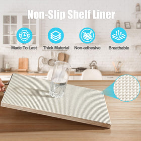 Songrey non-slip cabinet liner shows strong grip, preventing items from sliding on shelves.