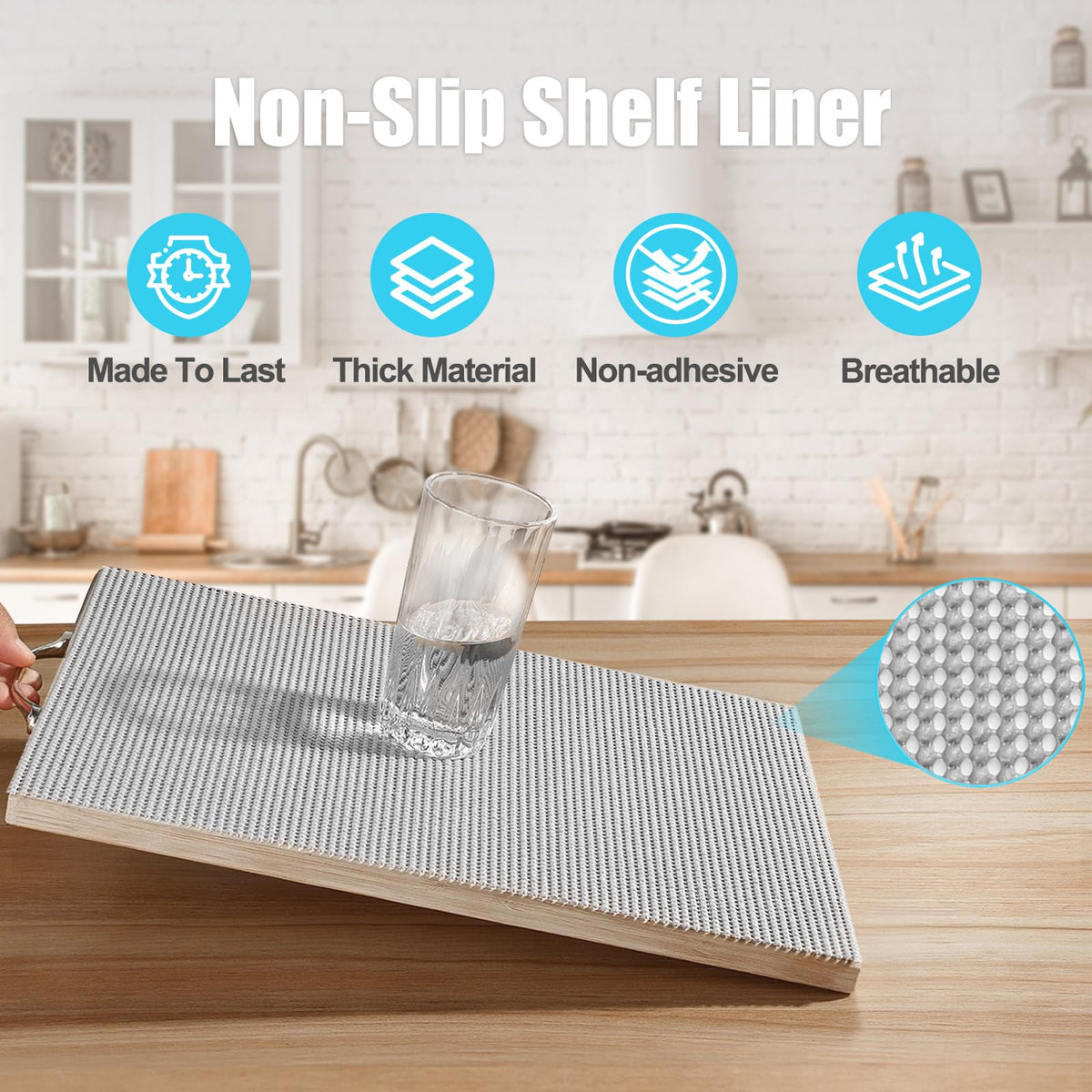 Songrey shelf liner demonstrates strong grip to keep items in place.