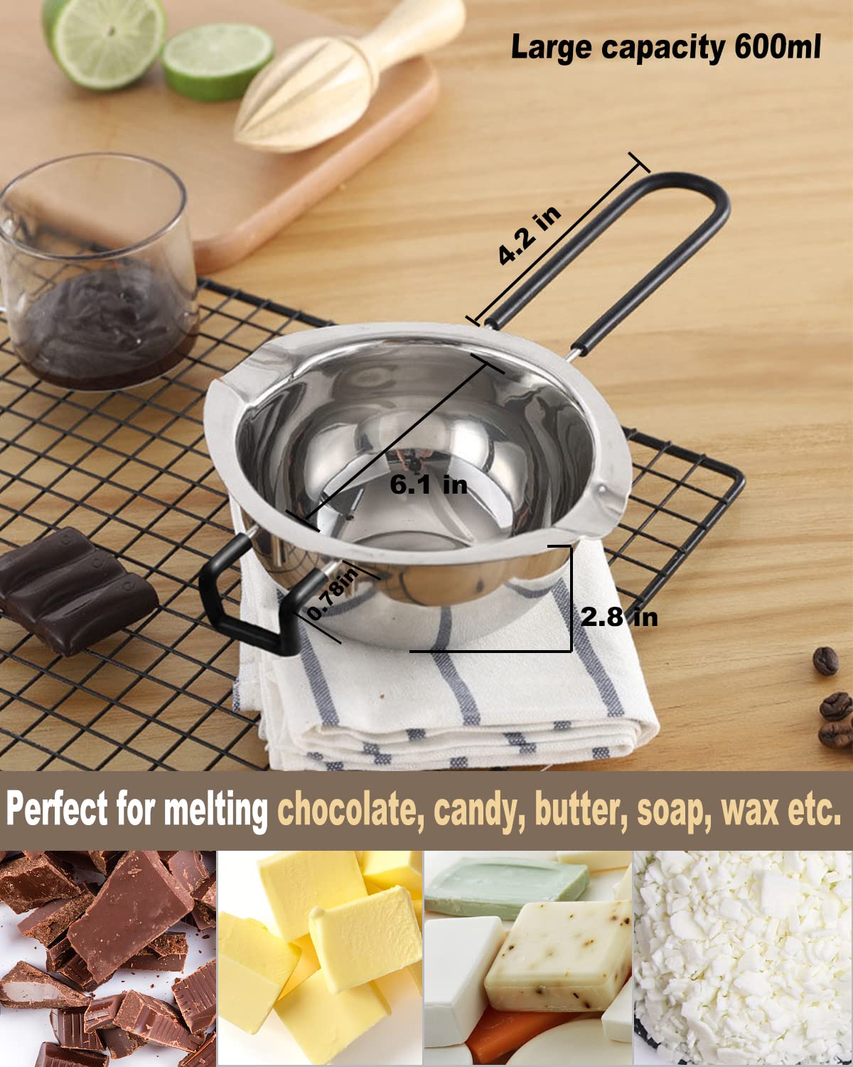 SONGZIMING double boiler 1600ml side view shows robust pot for even heat.