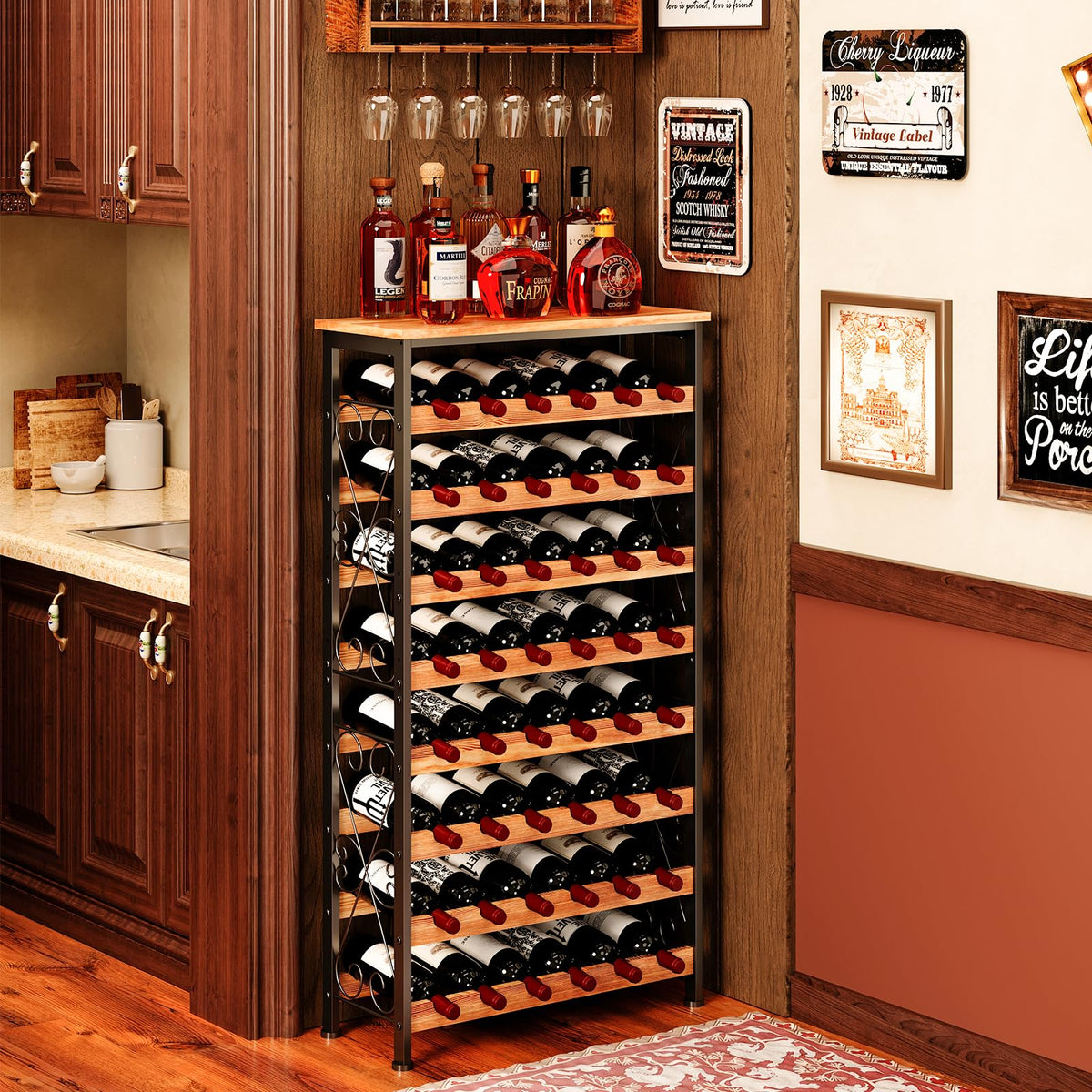 Sonyabecca 48-bottle wine rack with wood top, ideal for organized storage and display