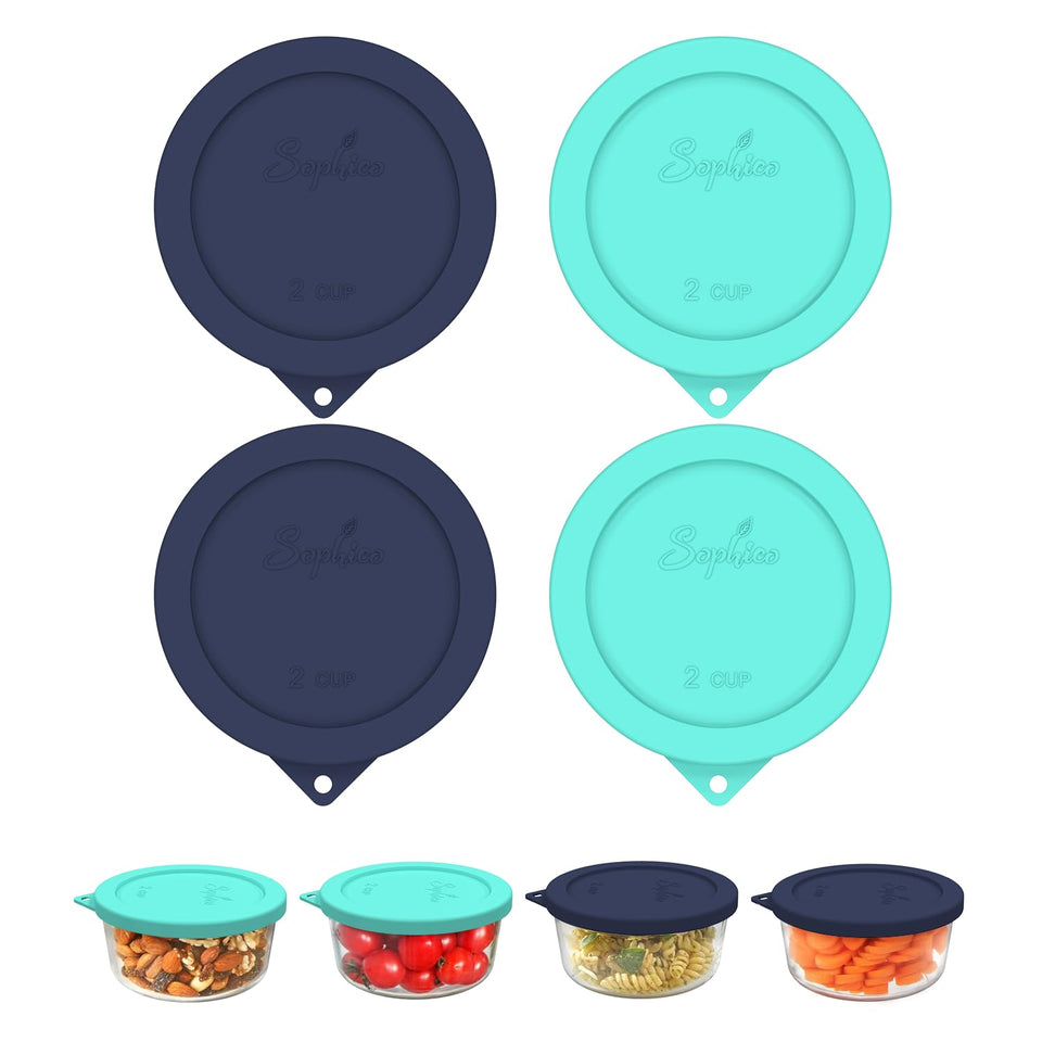 SOPHICO 2 cup round silicone lid in navy blue mint showing airtight cover for bowls