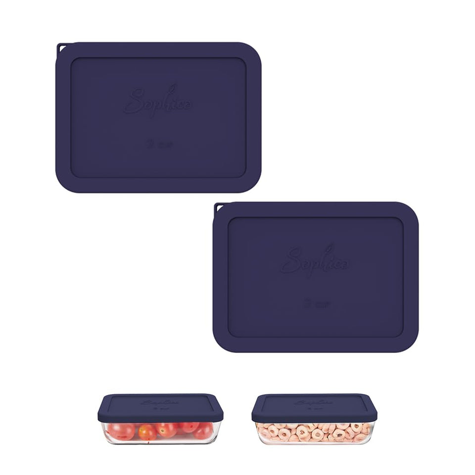 Sophico navy 3-cup rectangle lid seals a glass dish for fresh leftovers.