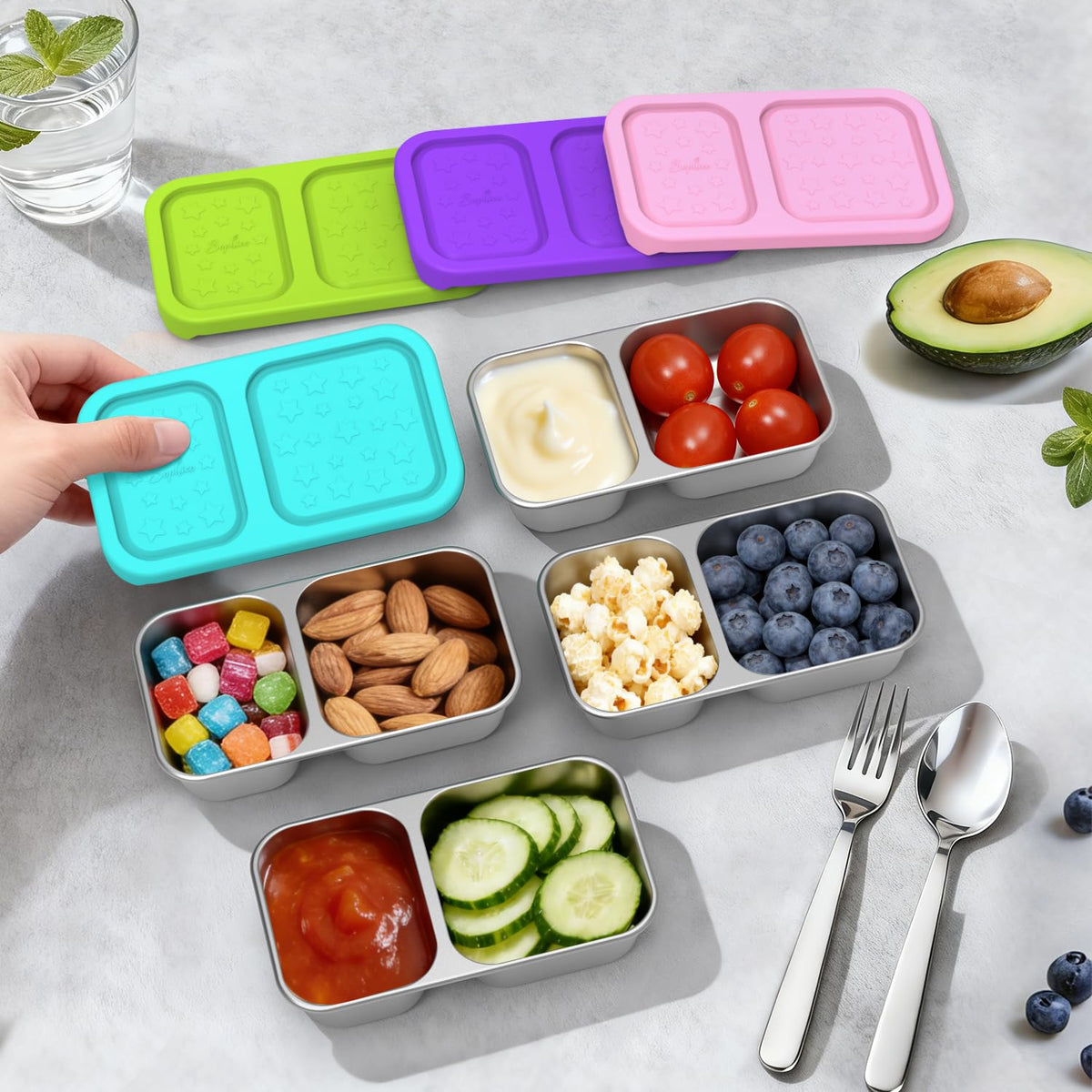 Dishwasher-safe SOPHICO snack box interior for easy cleanup.