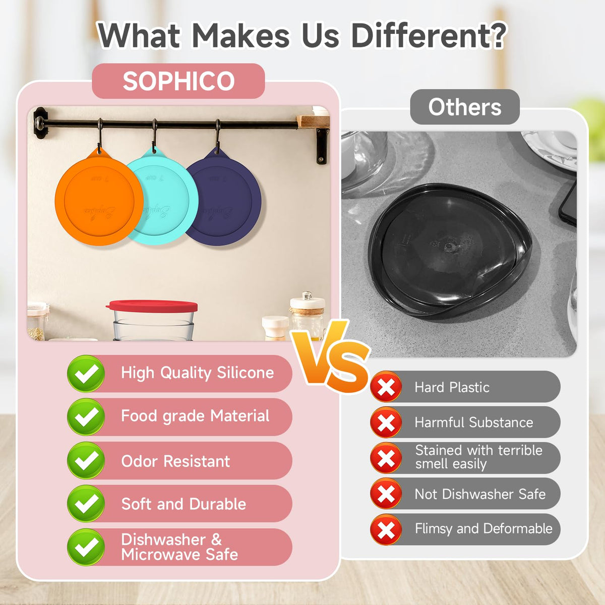 SOPHICO food-grade silicone lid resists warping and odors over time.