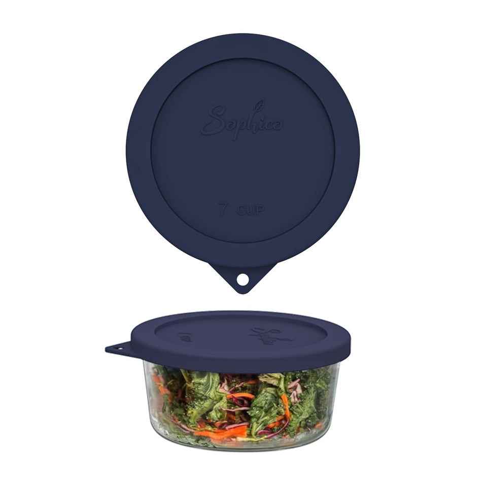 SOPHICO navy round lid on glass bowl with airtight seal
