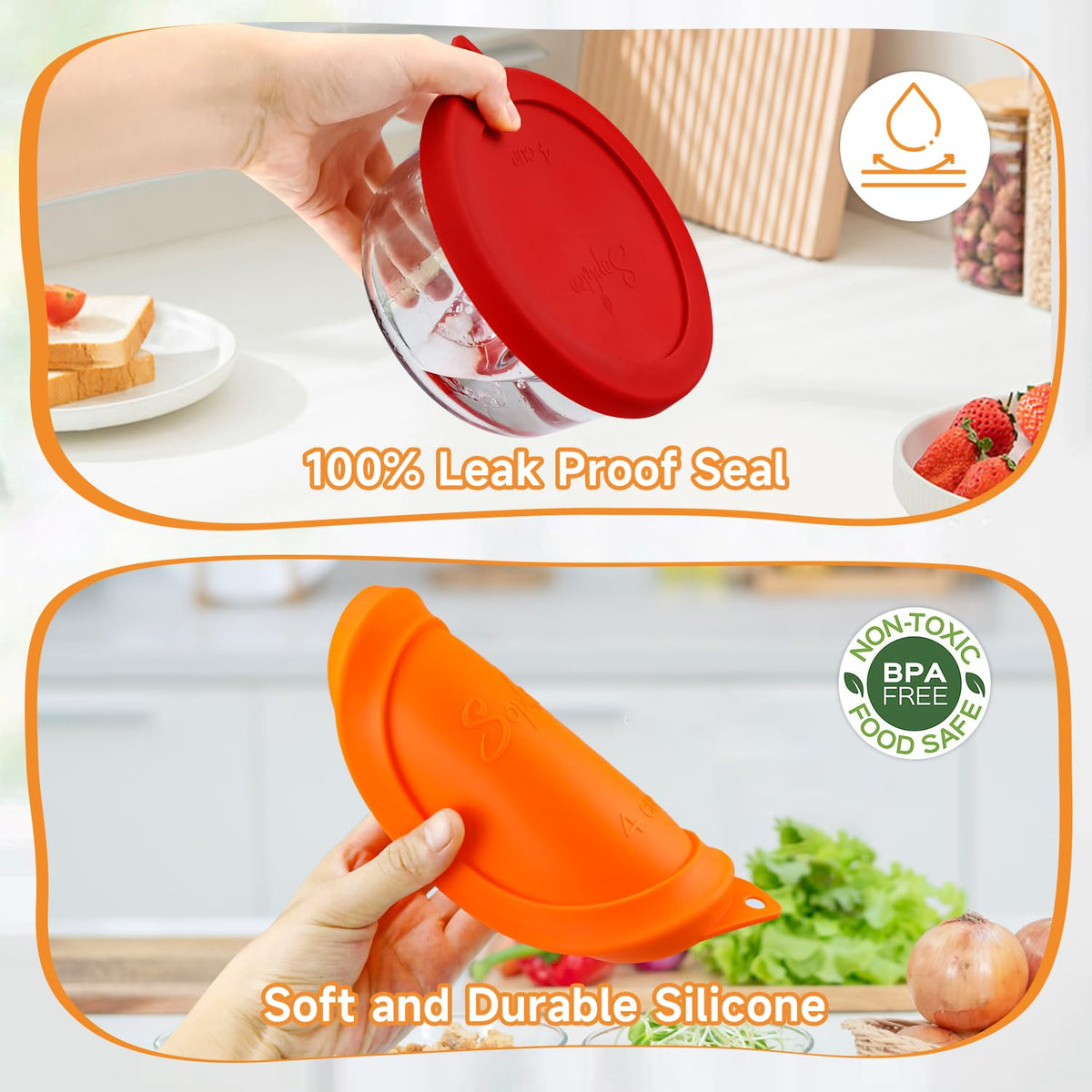 SOPHICO silicone lids in dishwasher-safe demonstration for easy cleanup.