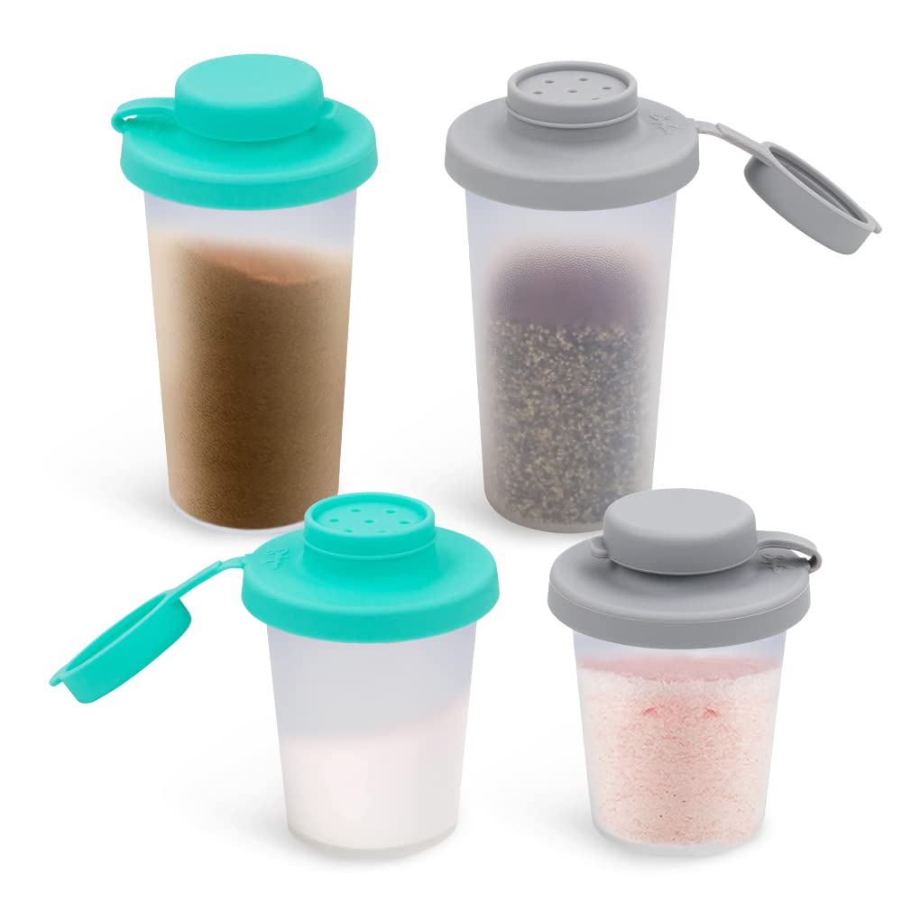 SOPHICO small salt and pepper shakers with silicone lids for on-the-go seasoning.