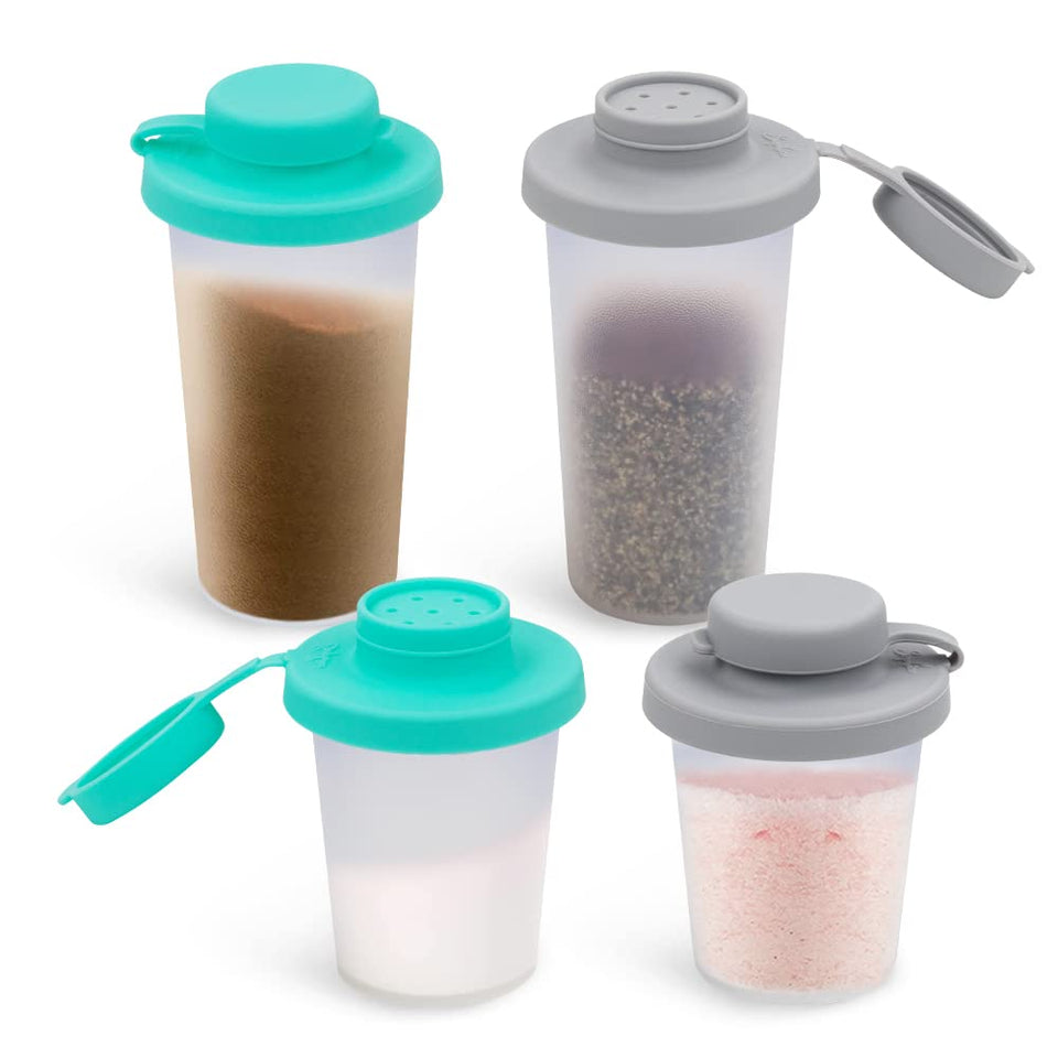 SOPHICO small salt and pepper shakers with silicone lids for on-the-go seasoning.