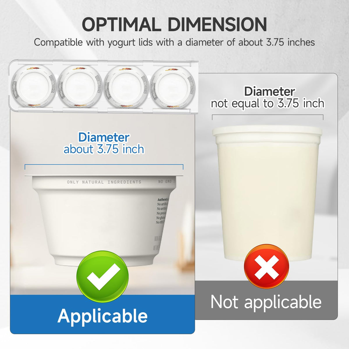 Transparent yogurt holder highlights 3.75-inch cups for quick viewing.