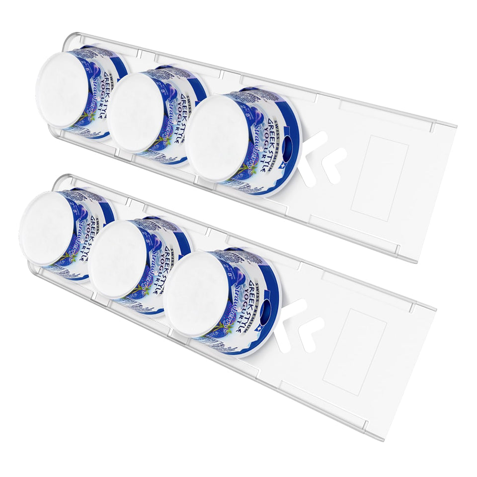 SOPHICO yogurt organizer in fridge with four sliders keeps shelves tidy.