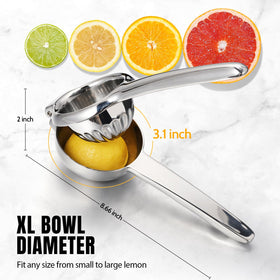 Durable Sopito lemon press with reinforced joints in stainless steel.