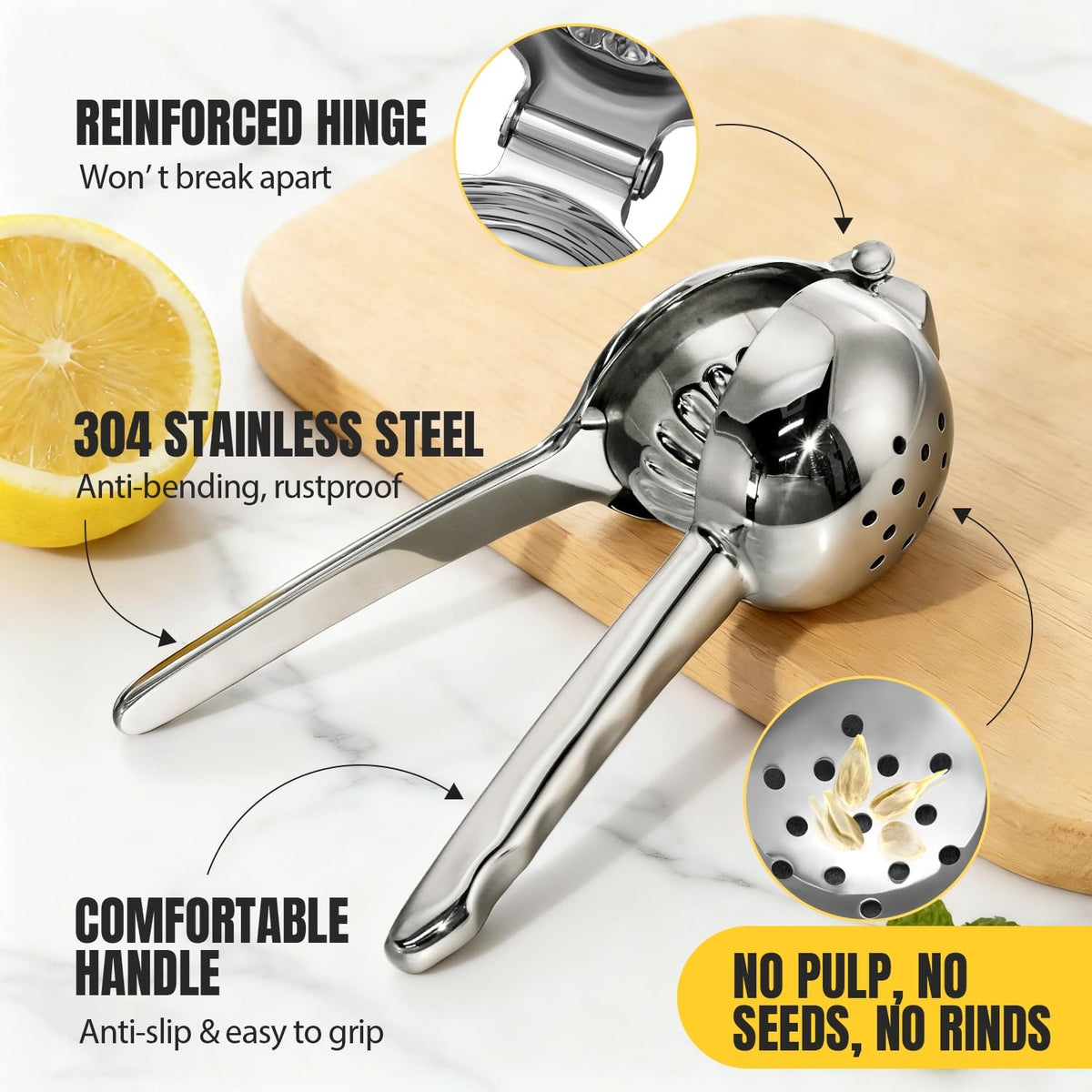 Sopito ergonomic handle lemon press for comfortable squeezing.
