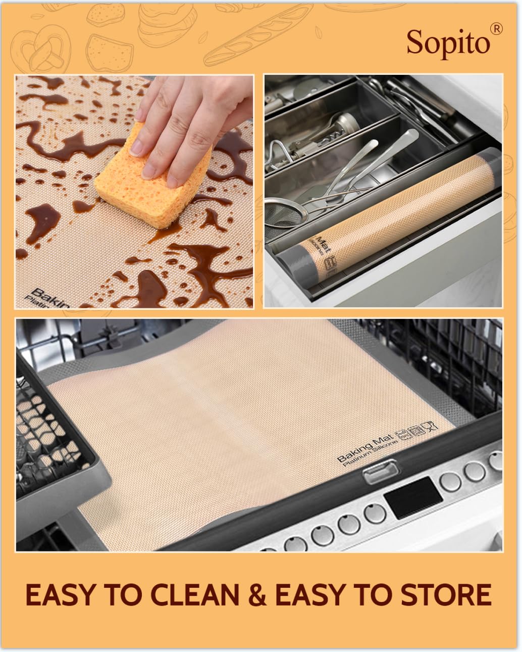Sopito silicone mat demonstrated for easy-clean surface.