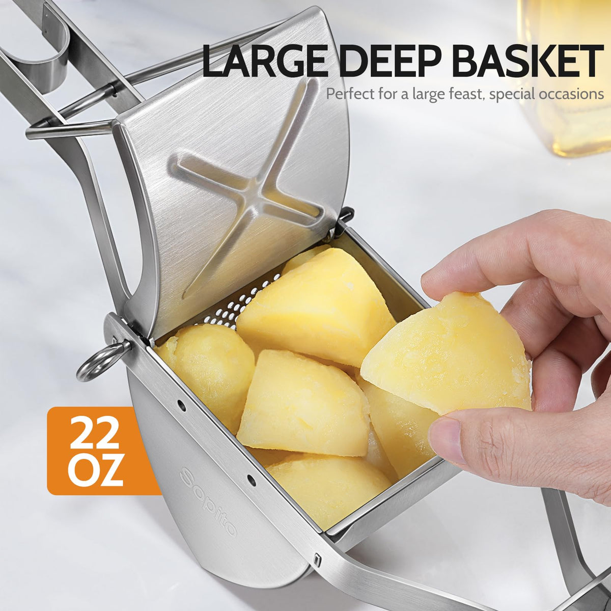 Sopito Potato Ricer loading a whole potato enables quick, pre-cut-free mashing.